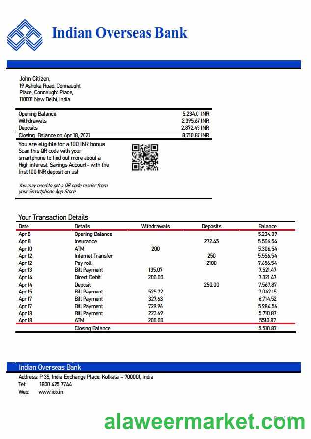 India Indian Overseas Bank statement